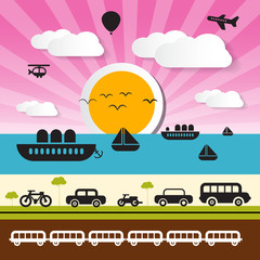 Vector Transportation Icons on Landscape Background