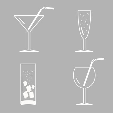 Drinks, cocktails. White icon set in flat design style.