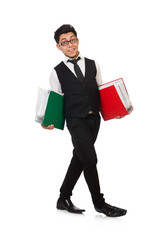 Funny man with lots of folders on white