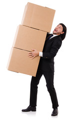 Funny man with boxes on white