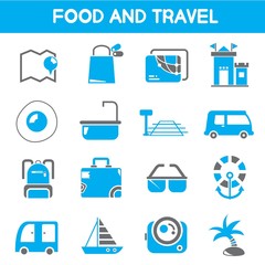 food and travel icons, blue color icons