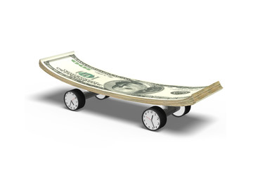 Money skateboard with clock wheels