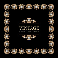 Jewelry gold square frame on black background