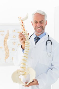 Confident mature male doctor holding skeleton model