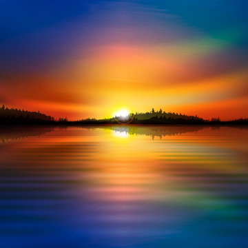 abstract nature sunrise background with forest lake