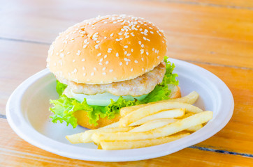 Hamburger and french fries , fast food