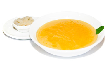 Cream soup with potato, greens and croutons, restaurant menu