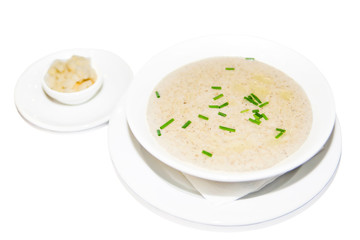 Cream soup, greens and croutons, restaurant menu