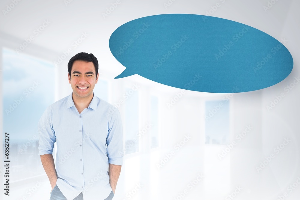 Poster Composite image of smiling casual man standing with speech bubbl
