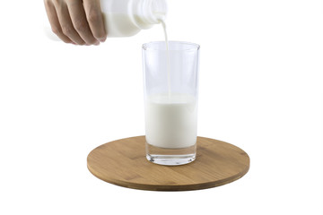Fresh milk is poured from bottle into glass
