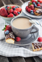 Cup of coffee and chocolate eclairs