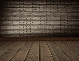 room interior  with brick wall and wood floor