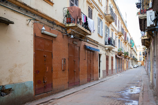 Empty street perspective. Old part of Tangier, Morocco