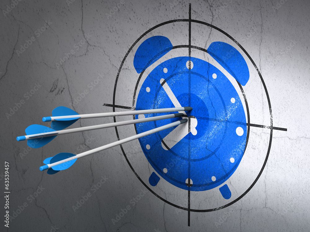 Poster time concept: arrows in alarm clock target on wall background