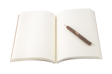 Blank open notebook and pencil on white background.