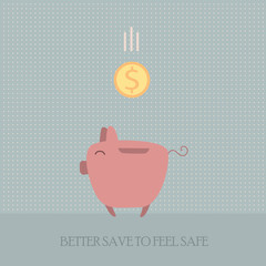 Piggy bank with money. Better save to feel safe. Cartoon style.