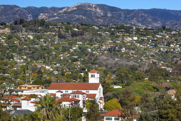 Fototapeta na wymiar White Adobe Methodist Church Houses Santa Barbara California