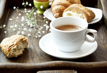 French Breakfast with Coffee, Flower and Croissants