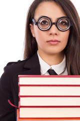 Closeup portrait of a young serious teacher with glasses