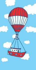 Hot air balloon boat flying to adventure