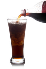 Cola pour into glass ice on white.