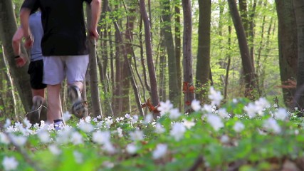 Father and Son running in the forest 
