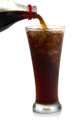 Cola pour into glass ice on white.