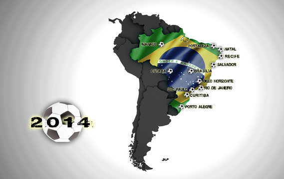 Süd Amerika mit Brasilien / Flagge und Spielstandorte