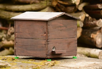 Home made decorative bumblebee nest from the wood in the garden.