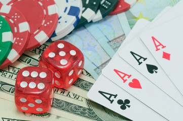 Poker, royal flush, dice and gambling chips