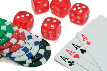 Poker, royal flush, dice and gambling chips