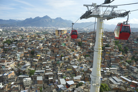 Rio de Janeiro Favela Slum with Red Cable Cars