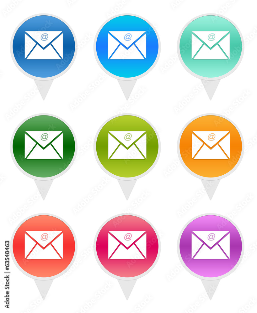 Poster colorful rounded icons for markers on maps with email symbol