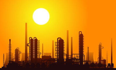 Oil refinery at sunset. Vector illustration.