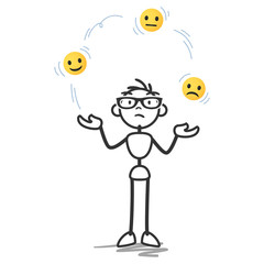 Stick man, stick figure juggling happy sad neutral faces