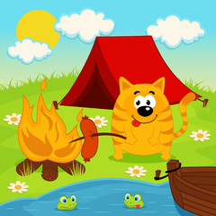 cat on  camping - vector illustration