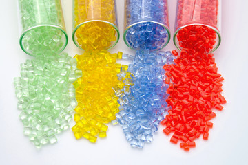 transparent plastic granulates in test-tubes