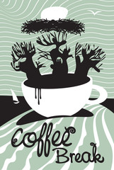 seascape with a cup of coffee and trees