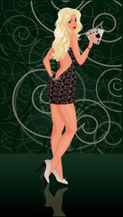 Sexy blonde woman with poker cards, vector illustration