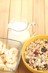 Delicious and healthy cereal in bowl with milk