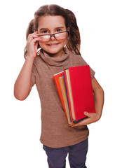 girl brunette glasses baby reads the book keeps smiling isolate
