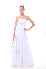 Wedding day. Romantic bride with pink flower isolated