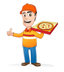 Pizza delivery man holding pizza box and showing thumbs up