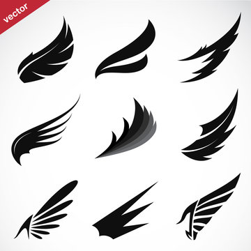 Vector black wing icons set on white background. 