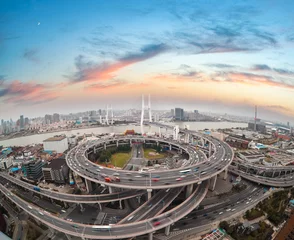 Papier Peint photo autocollant Pont de Nanpu vue aérienne du pont shanghai nanpu au coucher du soleil