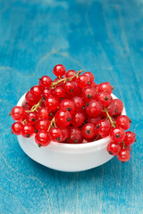 bowl of red currant on a blue wooden background, vertical