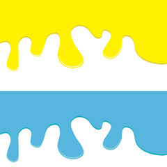 Flowing down paint yellow and blue set isolated. Template.
