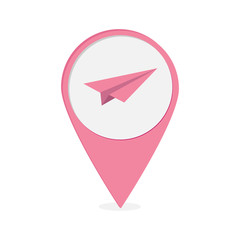 Map pointer with origami paper plane icon. Pink  marker.