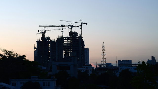 Building Under Construction at twilight time, Timelapse
