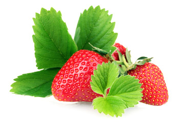 sweet ripe strawberries with leaves isolated on white